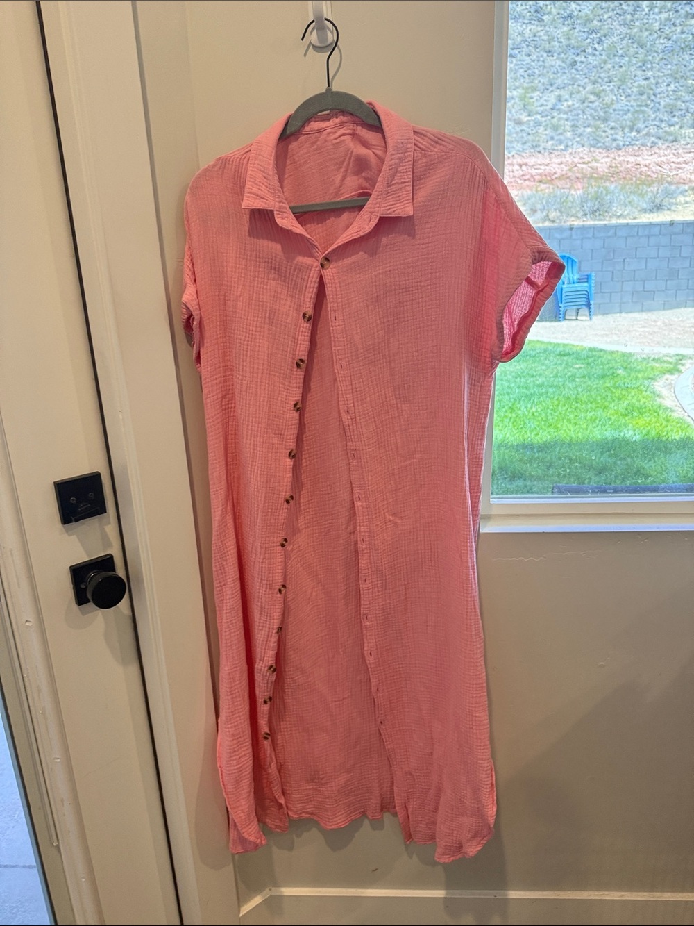 Pink Button-Front Cotton Gauze Shirt Dress